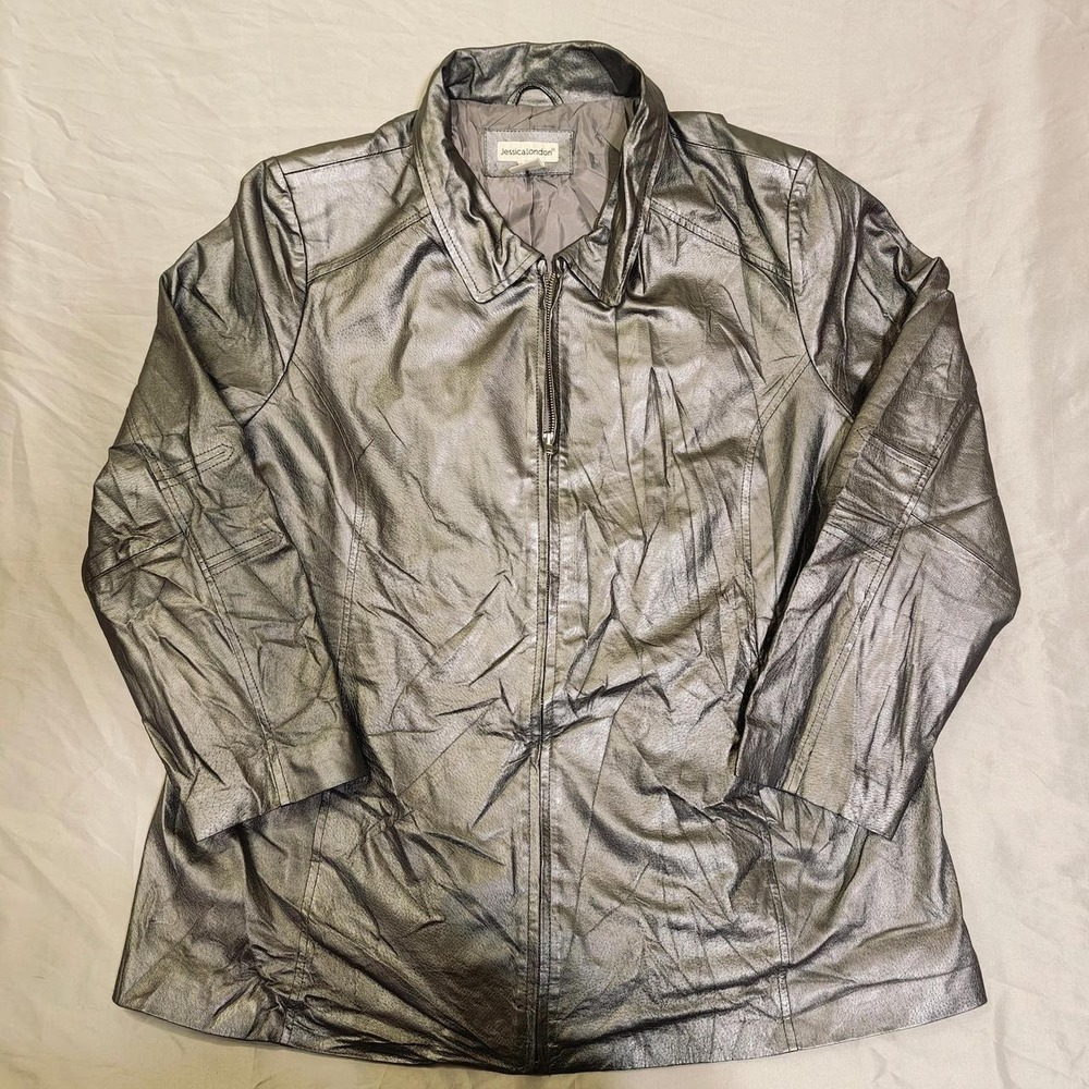 Jessica London Silver Leather Jacket Womens Size 20 Metallic Full Zip Biker Coat